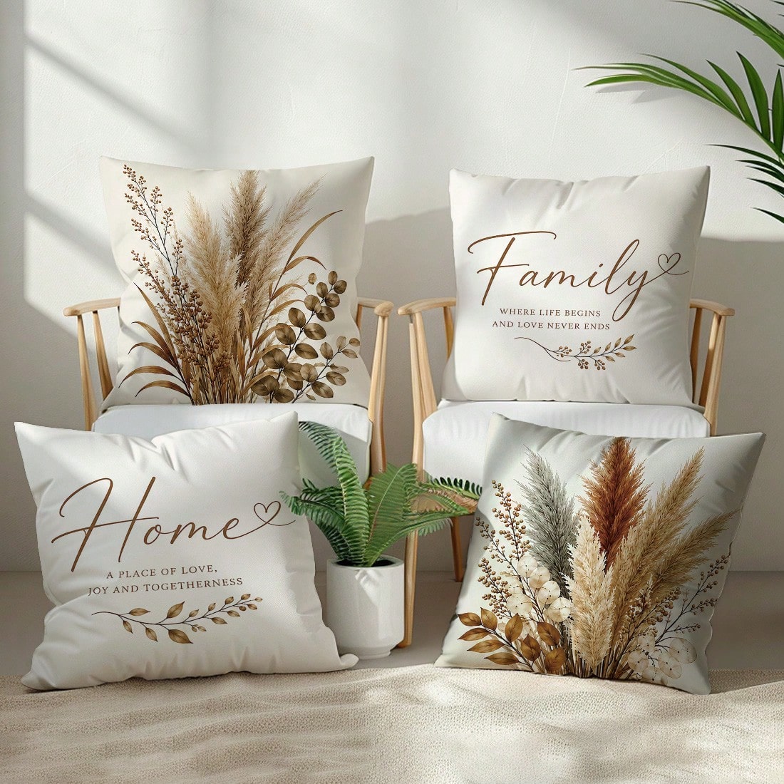Vintage Brown Plant Warm Home Slogan Cushion Cover 4pcs Set, Single-Sided Printed Peach Skin Velvet Polyester Material, 45*45/50*50/40*40CM Pillow Covers For Modern Fabric Sofa Indoor Decoration, Part