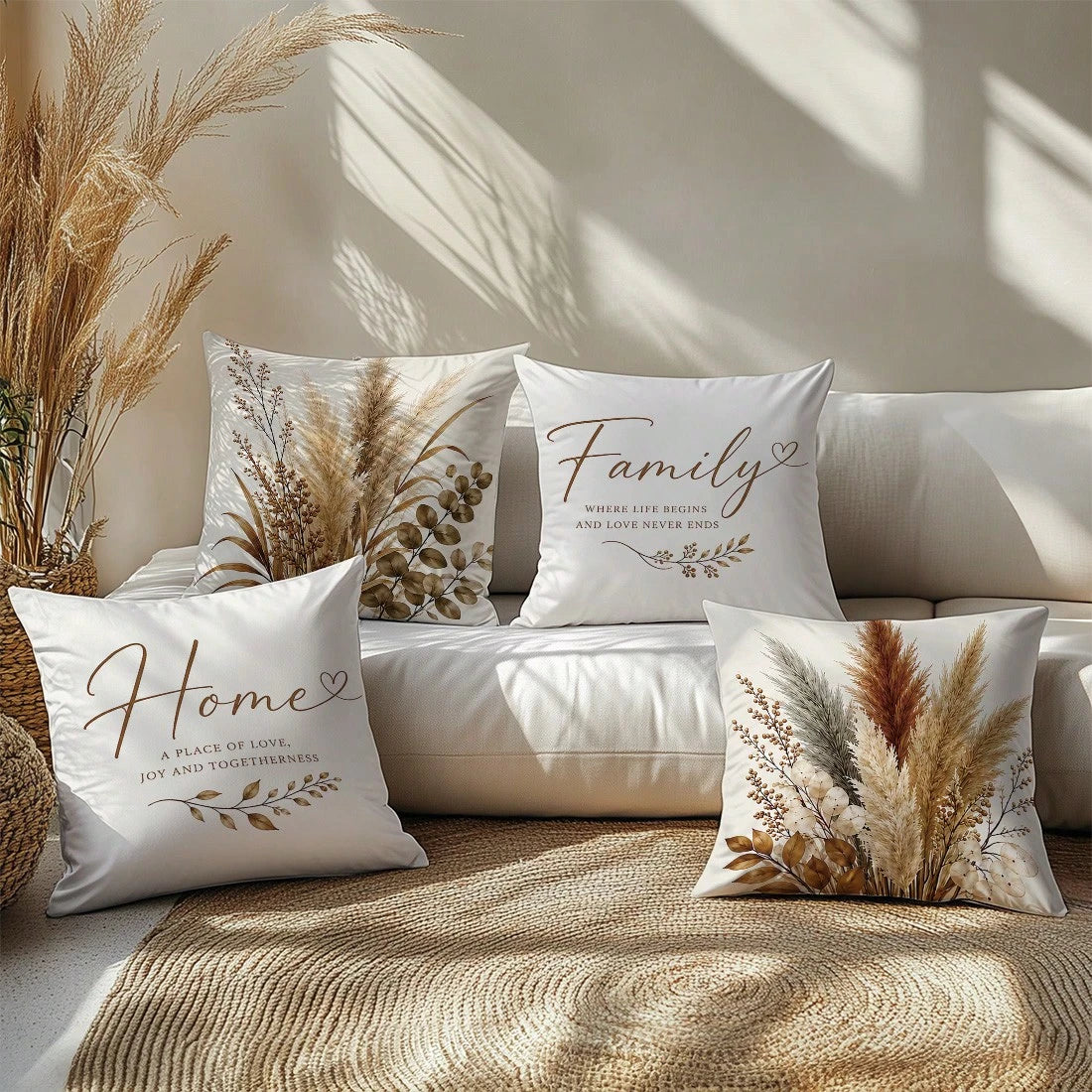 Vintage Brown Plant Warm Home Slogan Cushion Cover 4pcs Set, Single-Sided Printed Peach Skin Velvet Polyester Material, 45*45/50*50/40*40CM Pillow Covers For Modern Fabric Sofa Indoor Decoration, Part