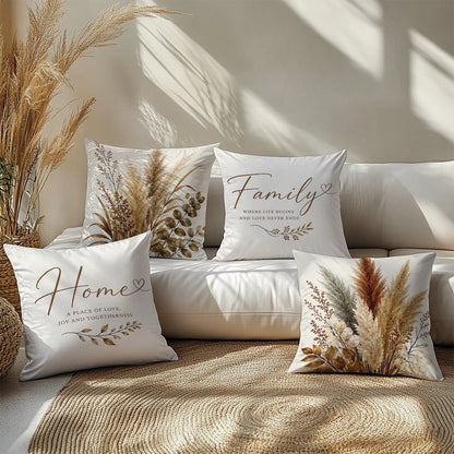 Vintage Brown Plant Warm Home Slogan Cushion Cover 4pcs Set, Single-Sided Printed Peach Skin Velvet Polyester Material, 45*45/50*50/40*40CM Pillow Covers For Modern Fabric Sofa Indoor Decoration, Part