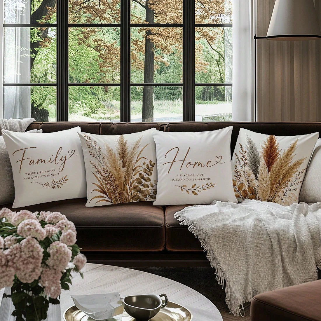 Vintage Brown Plant Warm Home Slogan Cushion Cover 4pcs Set, Single-Sided Printed Peach Skin Velvet Polyester Material, 45*45/50*50/40*40CM Pillow Covers For Modern Fabric Sofa Indoor Decoration, Part