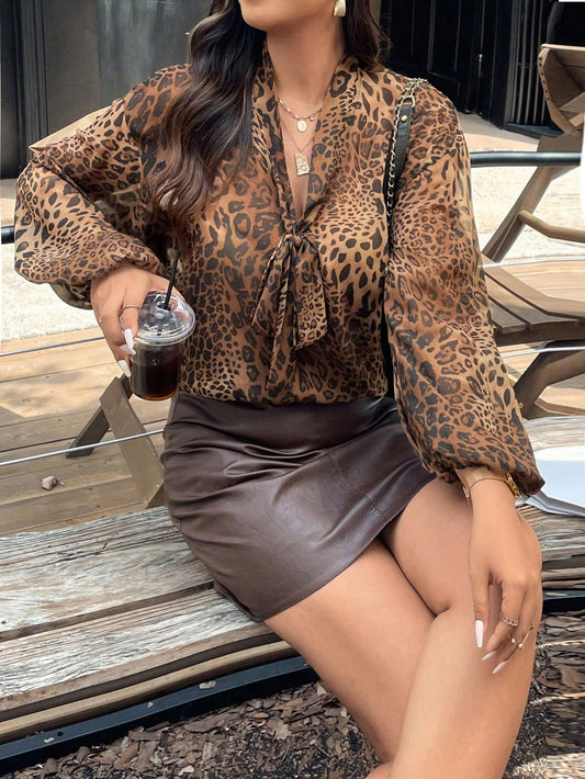 Vintage Chiffon Leopard Print Lace-Up Long Sleeve Cover Up Cover Up Casual Spring Brown