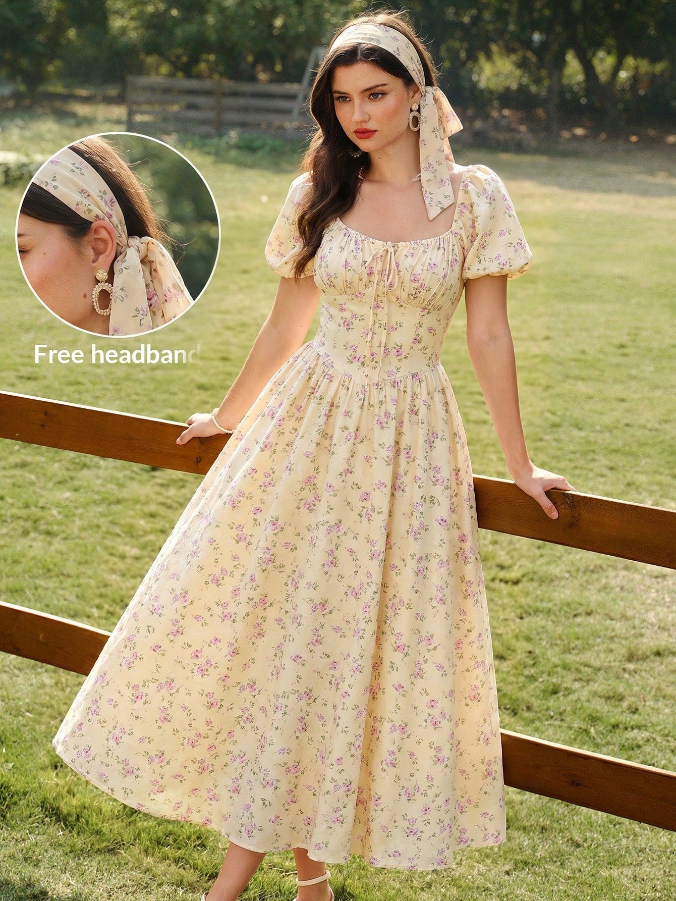 Vintamour Vintage Casual Elegant Women's Dress With Pockets Headband Rose Floral Print Bow Tie Vacation Wedding Guest Dress Graduation Purple Floral