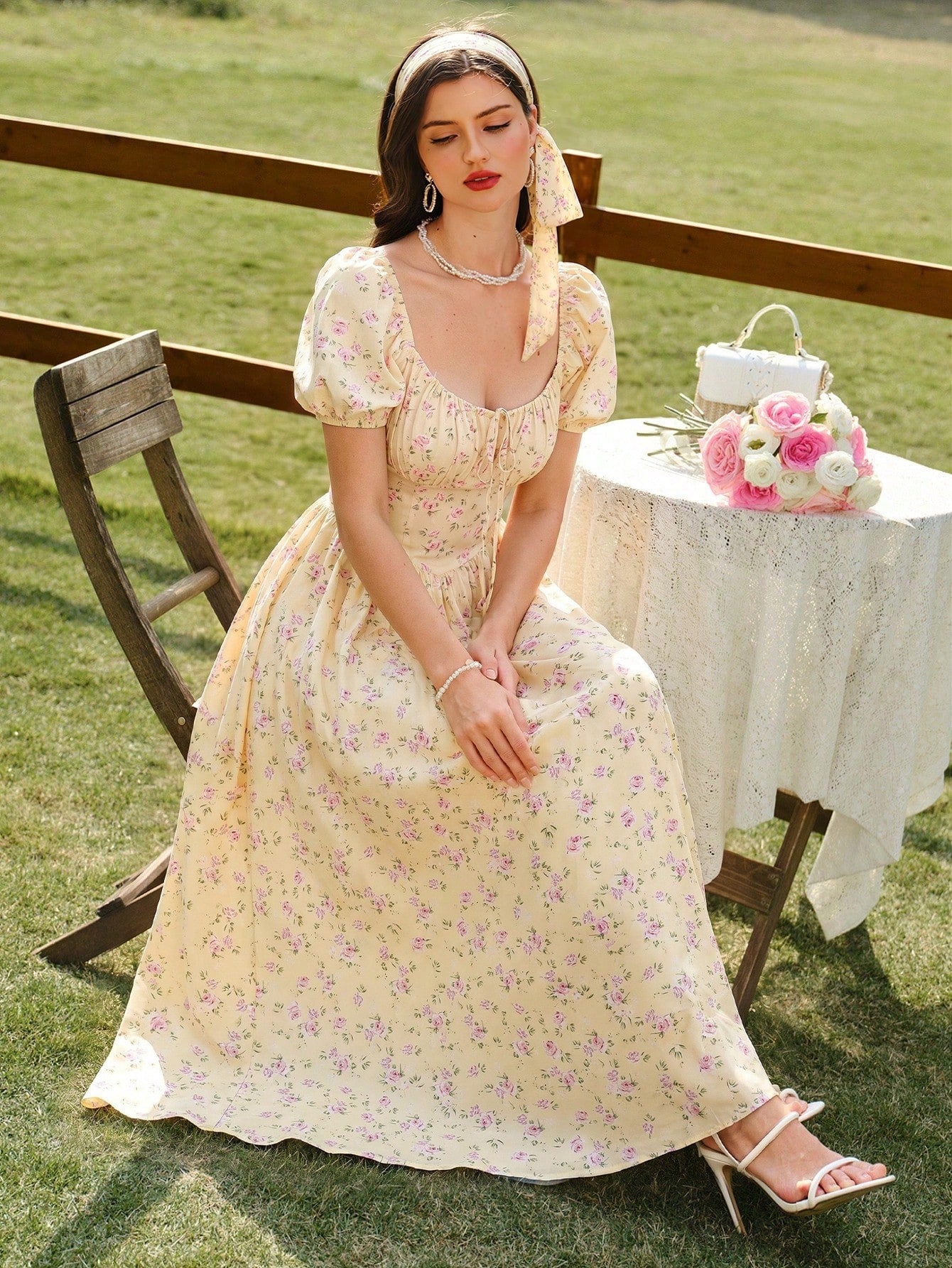 Vintamour Vintage Casual Elegant Women's Dress With Pockets Headband Rose Floral Print Bow Tie Vacation Wedding Guest Dress Graduation Purple Floral