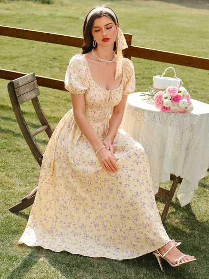 Vintamour Vintage Casual Elegant Women's Dress With Pockets Headband Rose Floral Print Bow Tie Vacation Wedding Guest Dress Graduation Purple Floral