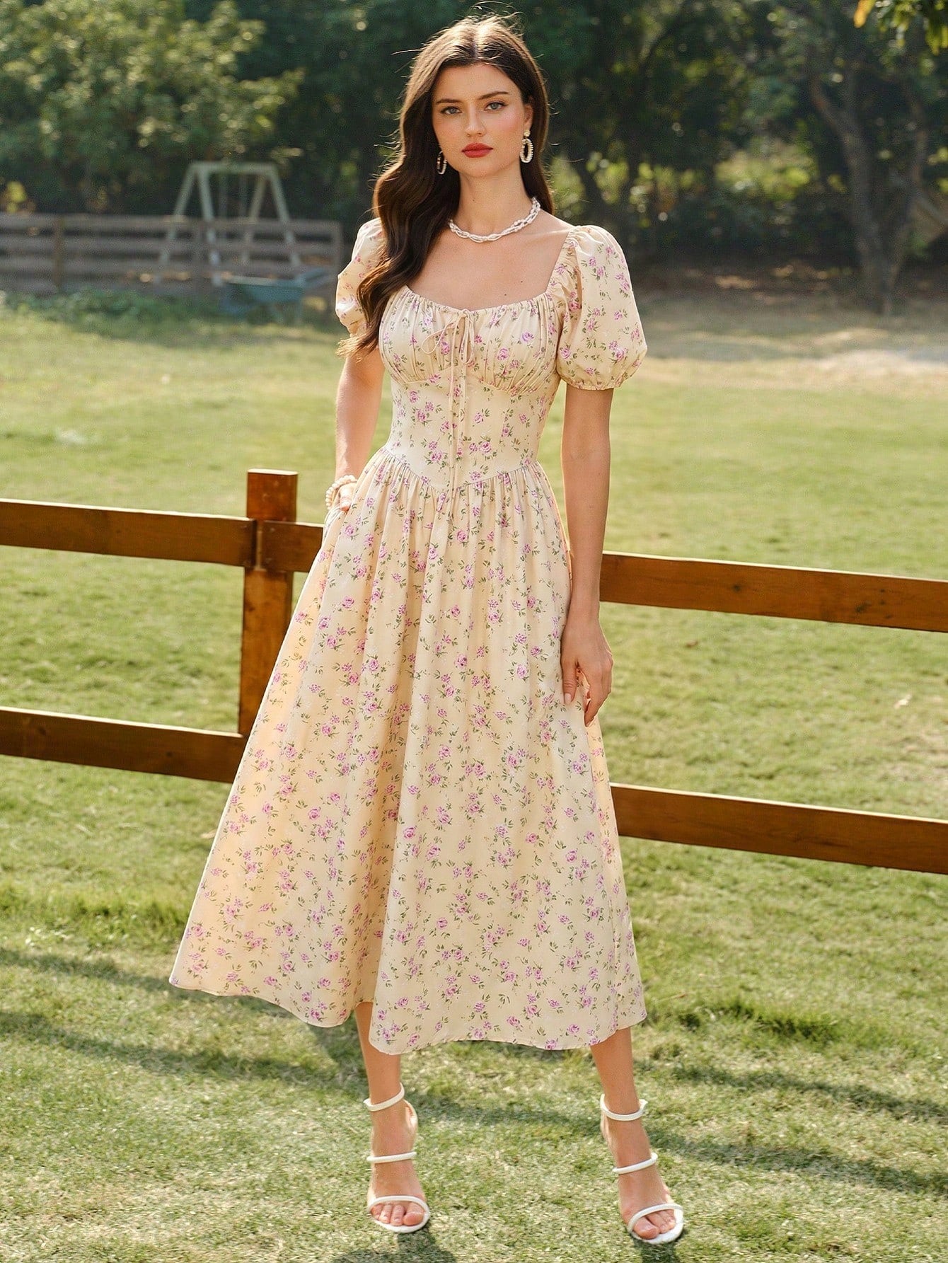 Vintamour Vintage Casual Elegant Women's Dress With Pockets Headband Rose Floral Print Bow Tie Vacation Wedding Guest Dress Graduation Purple Floral