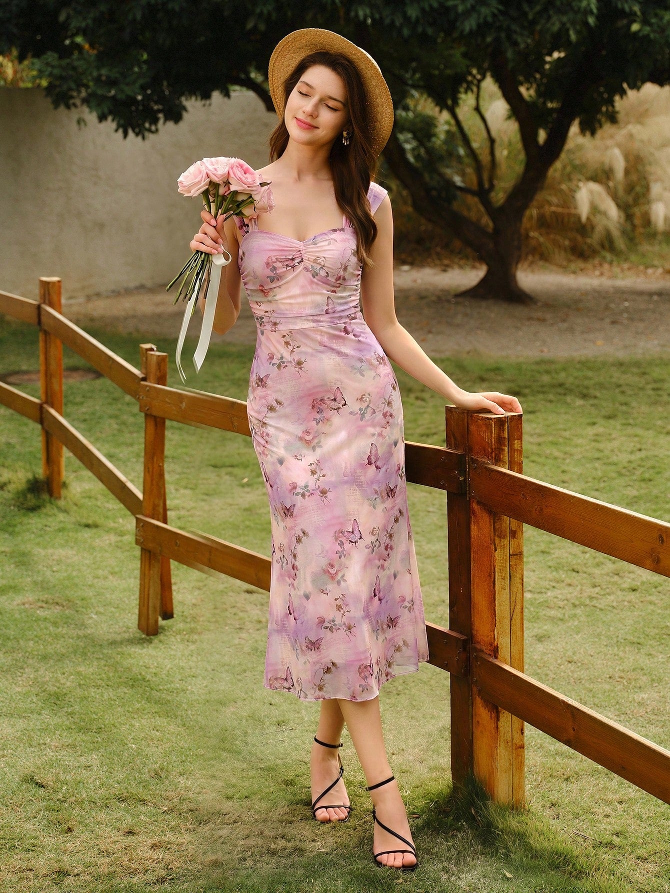 Vintamour Vintage Classic Elegant Women's Dress, Spring/Summer Fitted Floral Print Ruched Bodycon Purple Tea Party Wedding Guest For Women Vacation