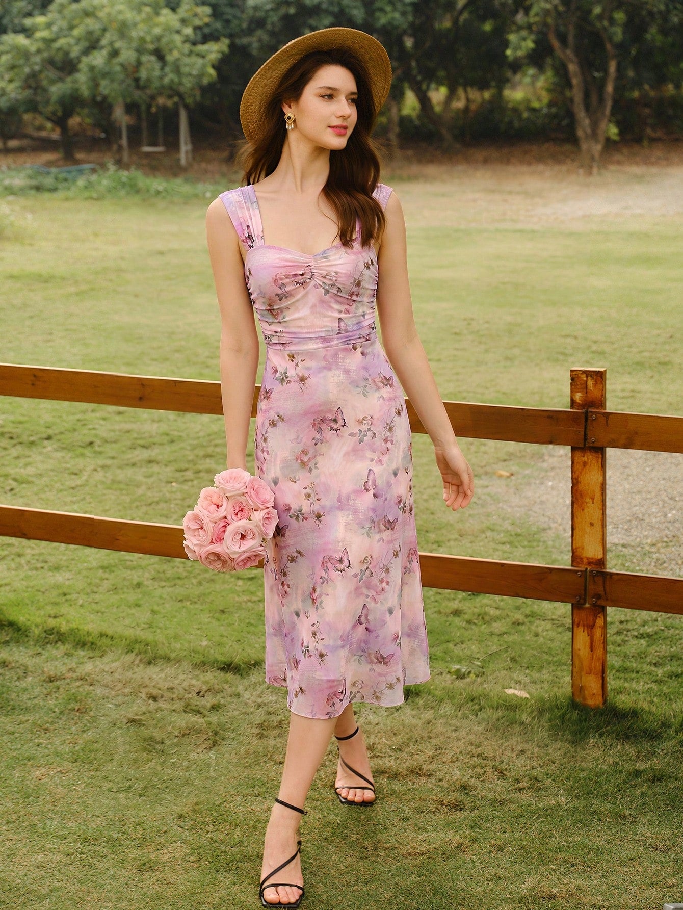 Vintamour Vintage Classic Elegant Women's Dress, Spring/Summer Fitted Floral Print Ruched Bodycon Purple Tea Party Wedding Guest For Women Vacation