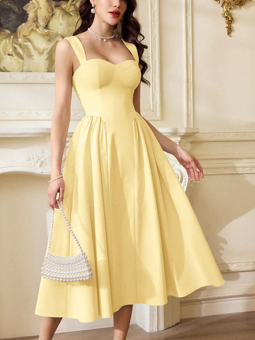 Vintamour Vintage Elegant Women Yellow Dress With Pockets Casual Tea Party Summer Outfits Vacation White Prom Corset Formal Birthday Wedding Guest Easter Dress
