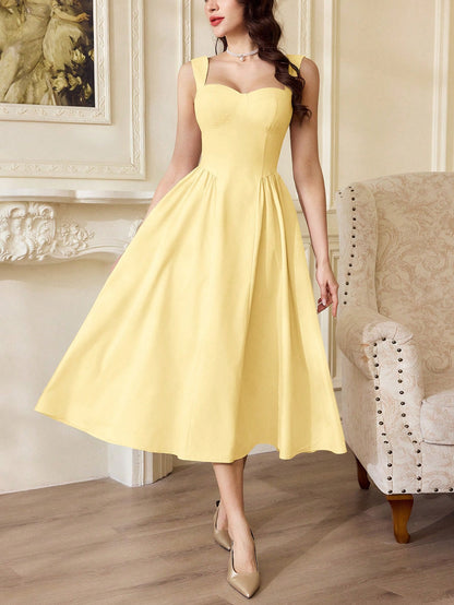 Vintamour Vintage Elegant Women Yellow Dress With Pockets Casual Tea Party Summer Outfits Vacation White Prom Corset Formal Birthday Wedding Guest Easter Dress