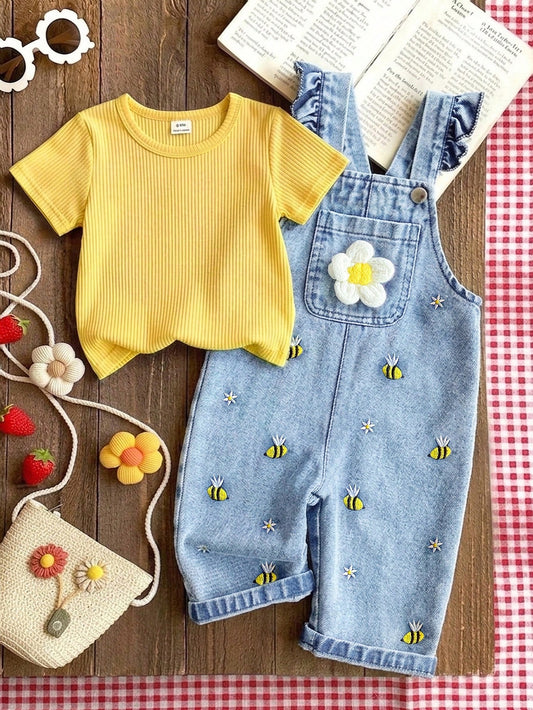 Vintaside Kids 1pc Baby Girl Blue Denim Casual Cute Embroidered Floral Overalls, Suitable For Outings And Summer Vacation