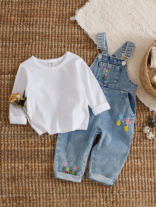 Vintaside Kids 2pcs Baby Girl 2025 Spring/Autumn White Long Sleeve T-Shirt + Denim Bib Pants Casual Fashionable Outfit, Versatile Fall Winter