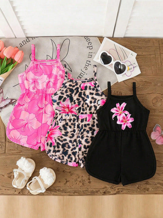 Vintaside Kids 3pcs Baby Girls' 2026 Summer New Hibiscus Floral Strap Soft Cute Round Neck Casual Tropical Versatile Rompers,Pink And Black Vacation Beach
