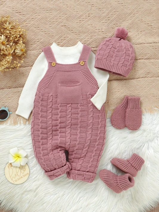 Vintaside Kids 4Pcs/Set Baby Girl Casual Solid Sweater Romper With Suspender Pants, Hat, Gloves And Shoes, For Autumn/Winter