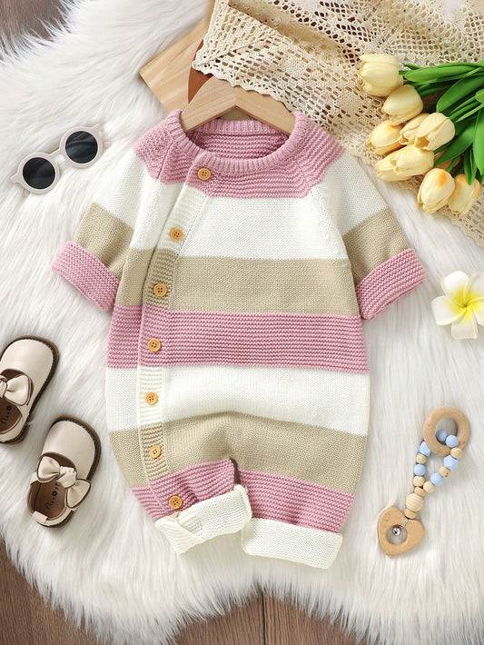 Vintaside Kids Baby Girl Colorblock Button Front Raglan Sleeve Knit Jumpsuit