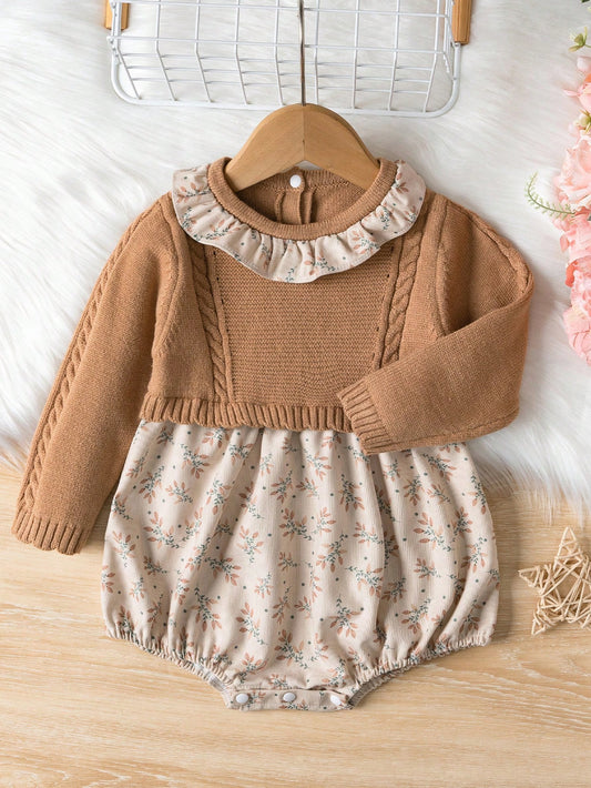 Vintaside Kids Baby Girl Ruffle Hem Plant Pattern Sweater Jumpsuit