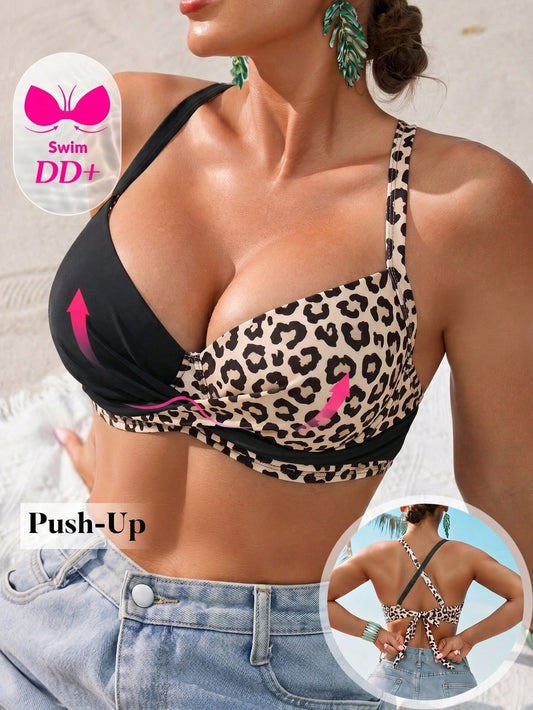 Voyashape Women's Swimsuit Top With Double Cross Shoulder Straps, Back Tie, DD Cup Underwire Push-Up Support, Leopard Print Patchwork, Fashionable Versatile Vacation Swimwear