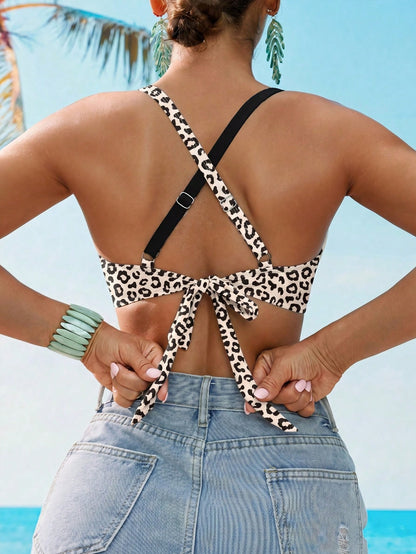 Voyashape Women's Swimsuit Top With Double Cross Shoulder Straps, Back Tie, DD Cup Underwire Push-Up Support, Leopard Print Patchwork, Fashionable Versatile Vacation Swimwear