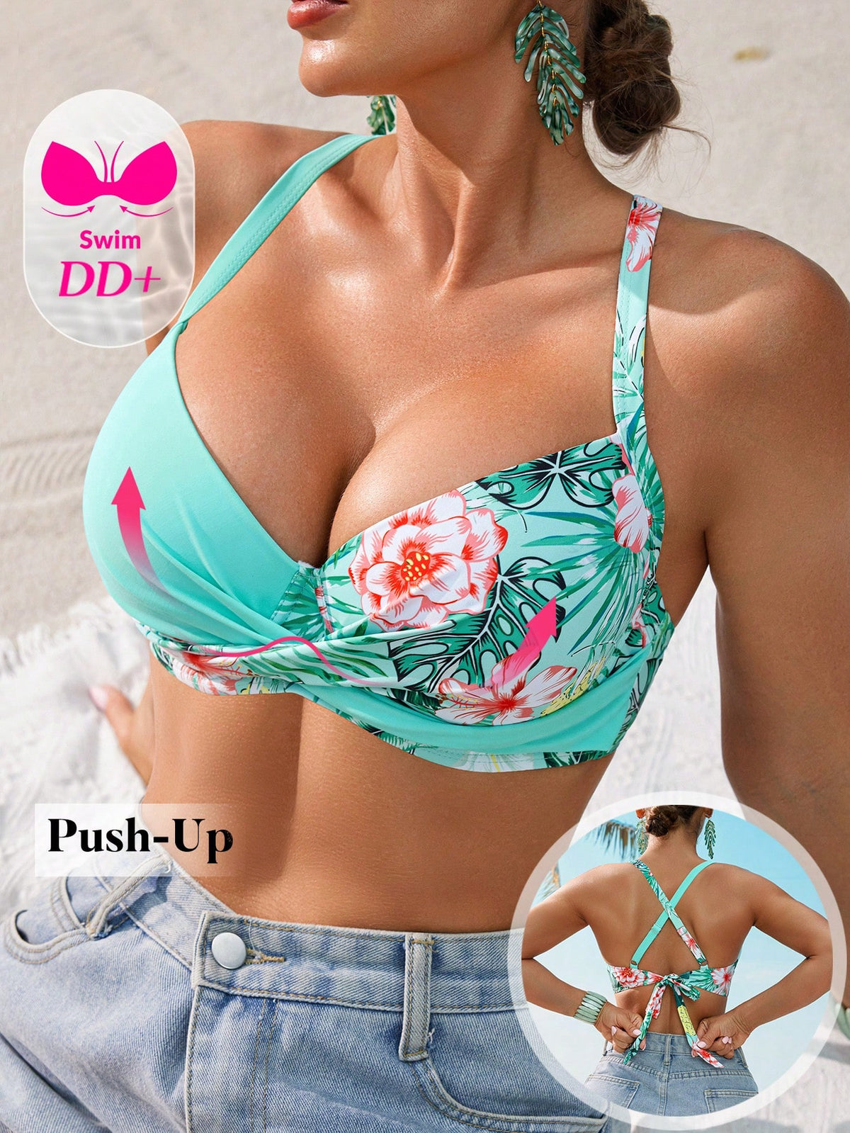 Voyashape Women's Swimsuit Top With Double Cross Shoulder Straps, Back Tie, DD Cup Underwire Push-Up Support, Leopard Print Patchwork, Fashionable Versatile Vacation Swimwear
