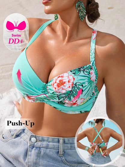 Voyashape Women's Swimsuit Top With Double Cross Shoulder Straps, Back Tie, DD Cup Underwire Push-Up Support, Leopard Print Patchwork, Fashionable Versatile Vacation Swimwear