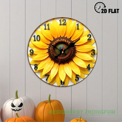 Wall Clock Decoration, Sunflower Pattern. 2D Flat Pattern Wooden Silent Non-Ticking Bedroom Clock, Quiet Teaching Clock, Suitable For School, Home