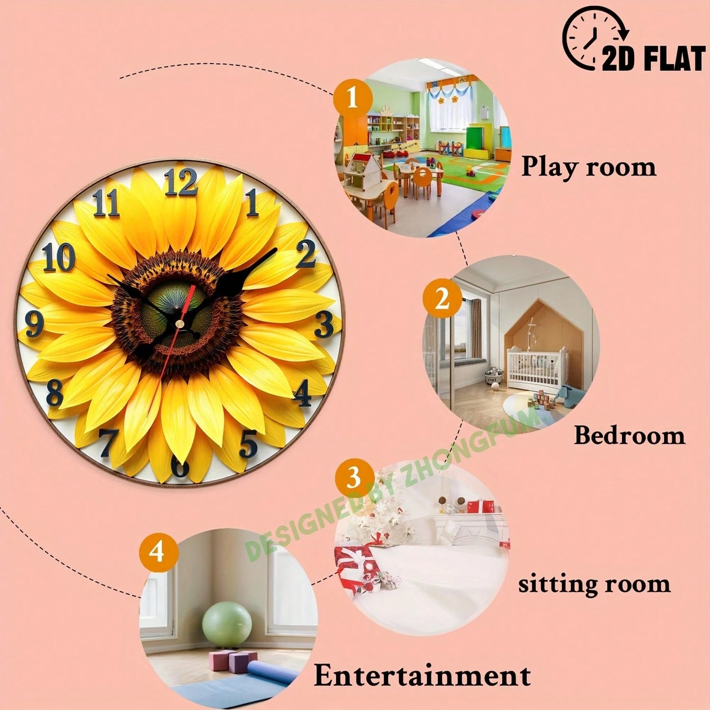 Wall Clock Decoration, Sunflower Pattern. 2D Flat Pattern Wooden Silent Non-Ticking Bedroom Clock, Quiet Teaching Clock, Suitable For School, Home