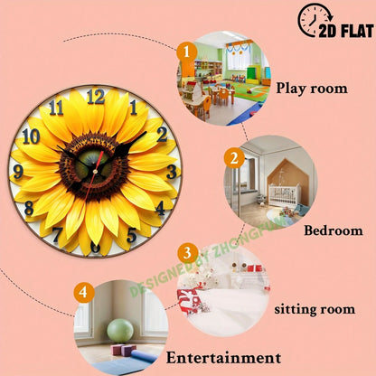 Wall Clock Decoration, Sunflower Pattern. 2D Flat Pattern Wooden Silent Non-Ticking Bedroom Clock, Quiet Teaching Clock, Suitable For School, Home