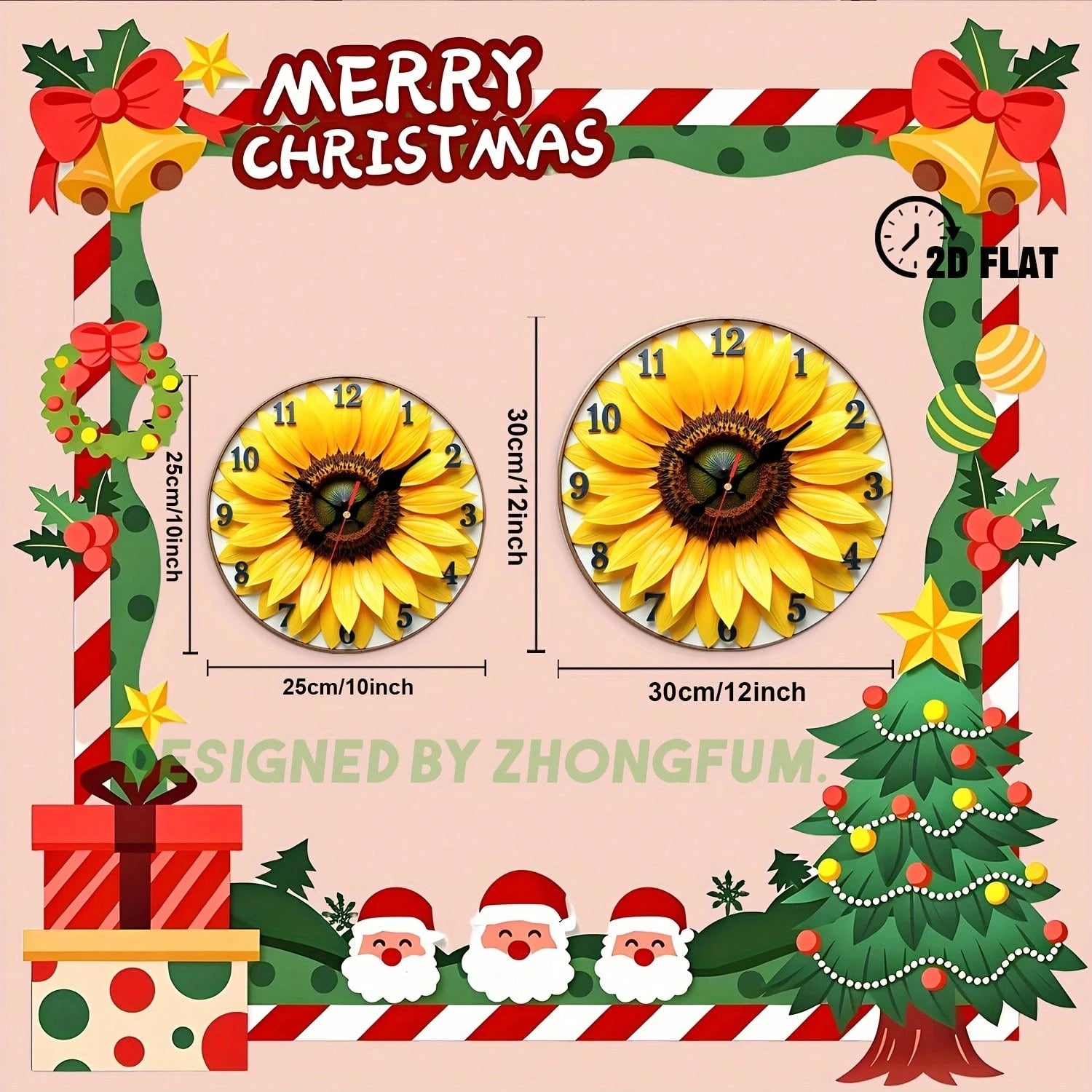 Wall Clock Decoration, Sunflower Pattern. 2D Flat Pattern Wooden Silent Non-Ticking Bedroom Clock, Quiet Teaching Clock, Suitable For School, Home