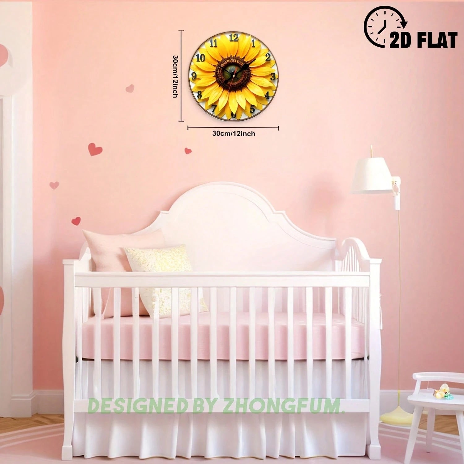 Wall Clock Decoration, Sunflower Pattern. 2D Flat Pattern Wooden Silent Non-Ticking Bedroom Clock, Quiet Teaching Clock, Suitable For School, Home