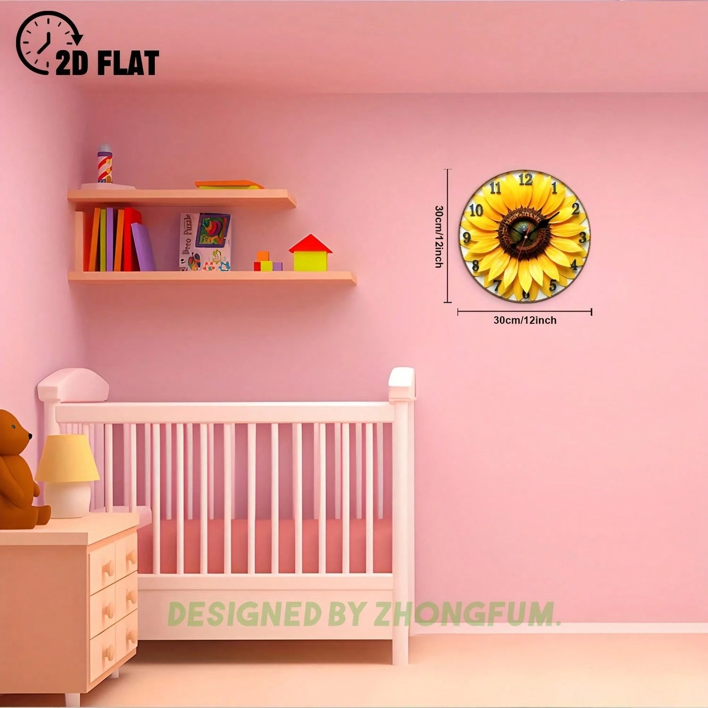 Wall Clock Decoration, Sunflower Pattern. 2D Flat Pattern Wooden Silent Non-Ticking Bedroom Clock, Quiet Teaching Clock, Suitable For School, Home