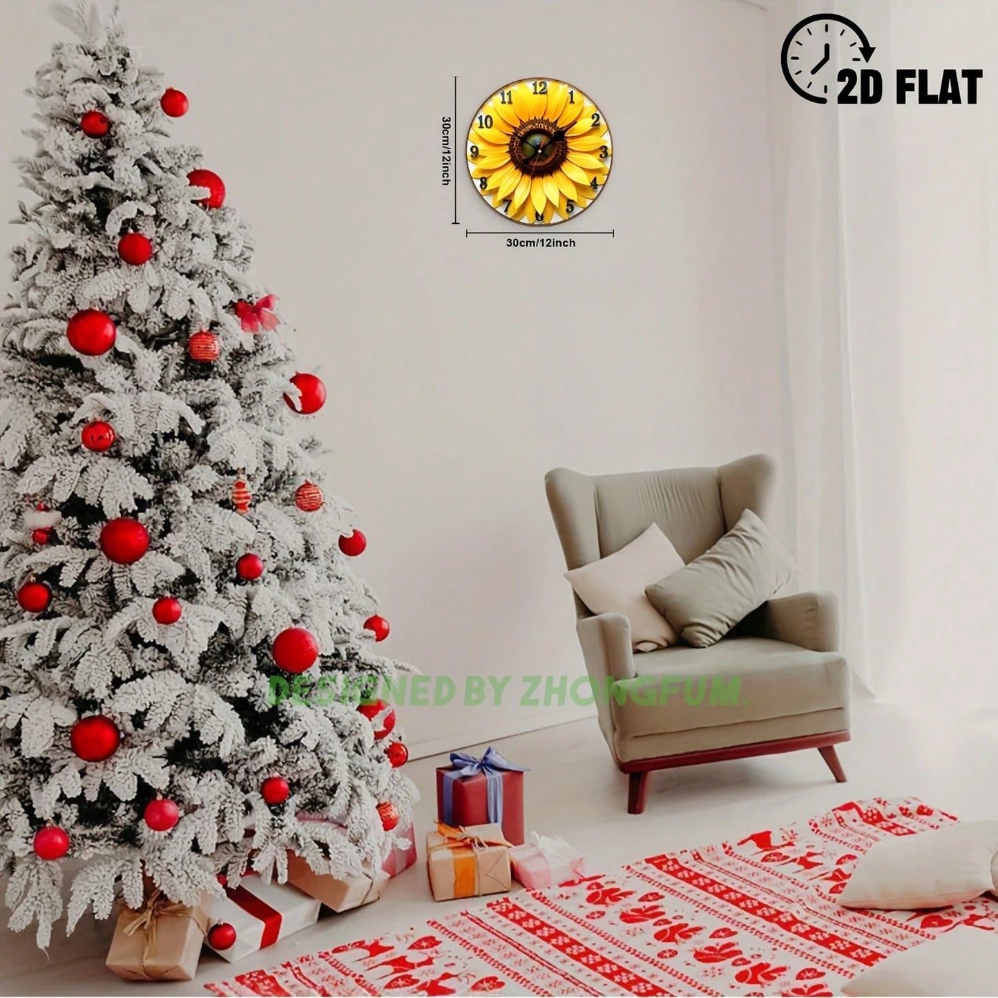 Wall Clock Decoration, Sunflower Pattern. 2D Flat Pattern Wooden Silent Non-Ticking Bedroom Clock, Quiet Teaching Clock, Suitable For School, Home