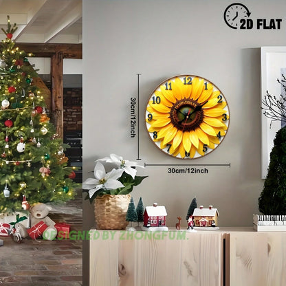 Wall Clock Decoration, Sunflower Pattern. 2D Flat Pattern Wooden Silent Non-Ticking Bedroom Clock, Quiet Teaching Clock, Suitable For School, Home