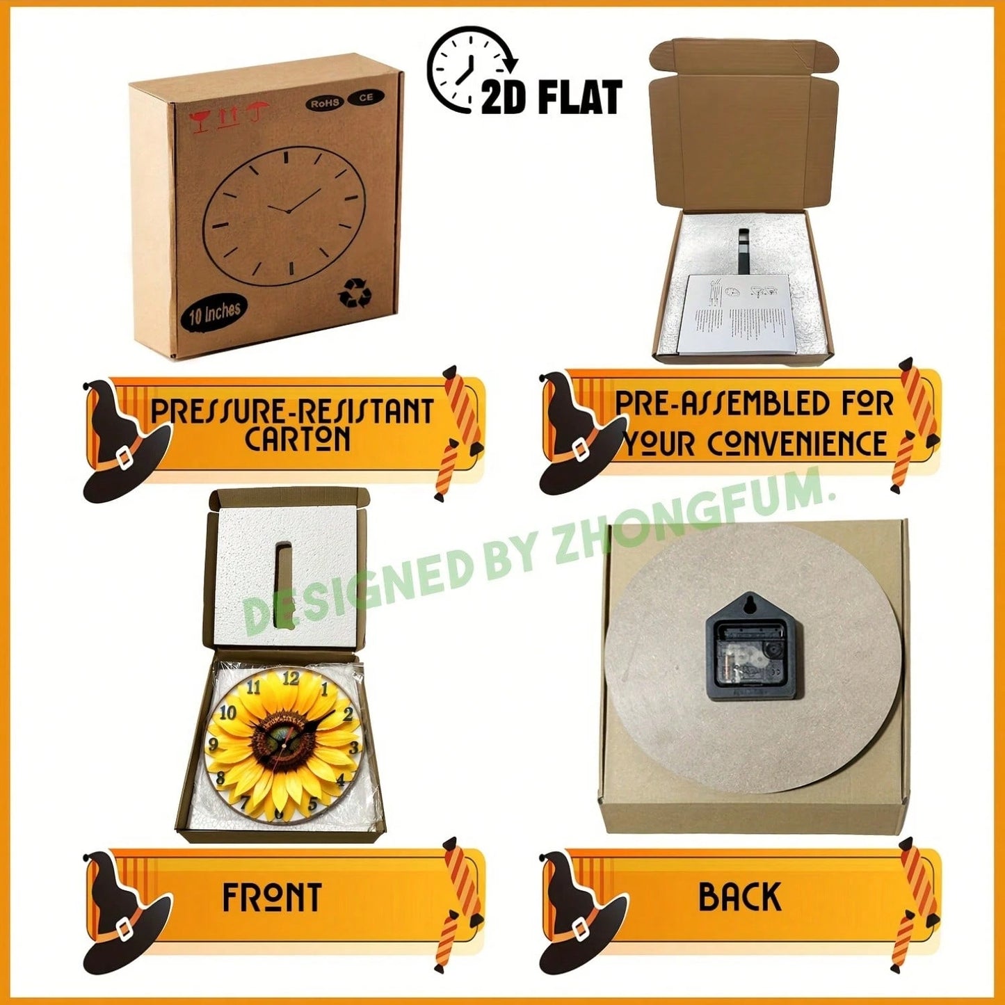 Wall Clock Decoration, Sunflower Pattern. 2D Flat Pattern Wooden Silent Non-Ticking Bedroom Clock, Quiet Teaching Clock, Suitable For School, Home