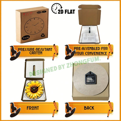 Wall Clock Decoration, Sunflower Pattern. 2D Flat Pattern Wooden Silent Non-Ticking Bedroom Clock, Quiet Teaching Clock, Suitable For School, Home