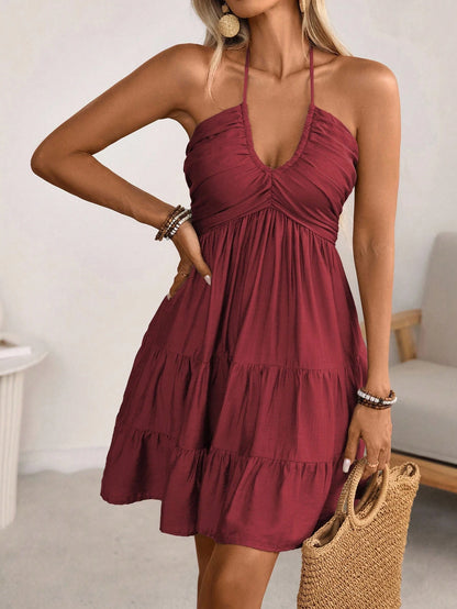 Wandoria Women's Summer Boho Holiday Vacation Dress,Burgundy Shirred Ruched Bust Tiered Cake Skirt A-Line Backless Adjustable Halter Bow Maxi Linen Dress