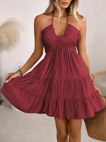 Wandoria Women's Summer Boho Holiday Vacation Dress,Burgundy Shirred Ruched Bust Tiered Cake Skirt A-Line Backless Adjustable Halter Bow Maxi Linen Dress