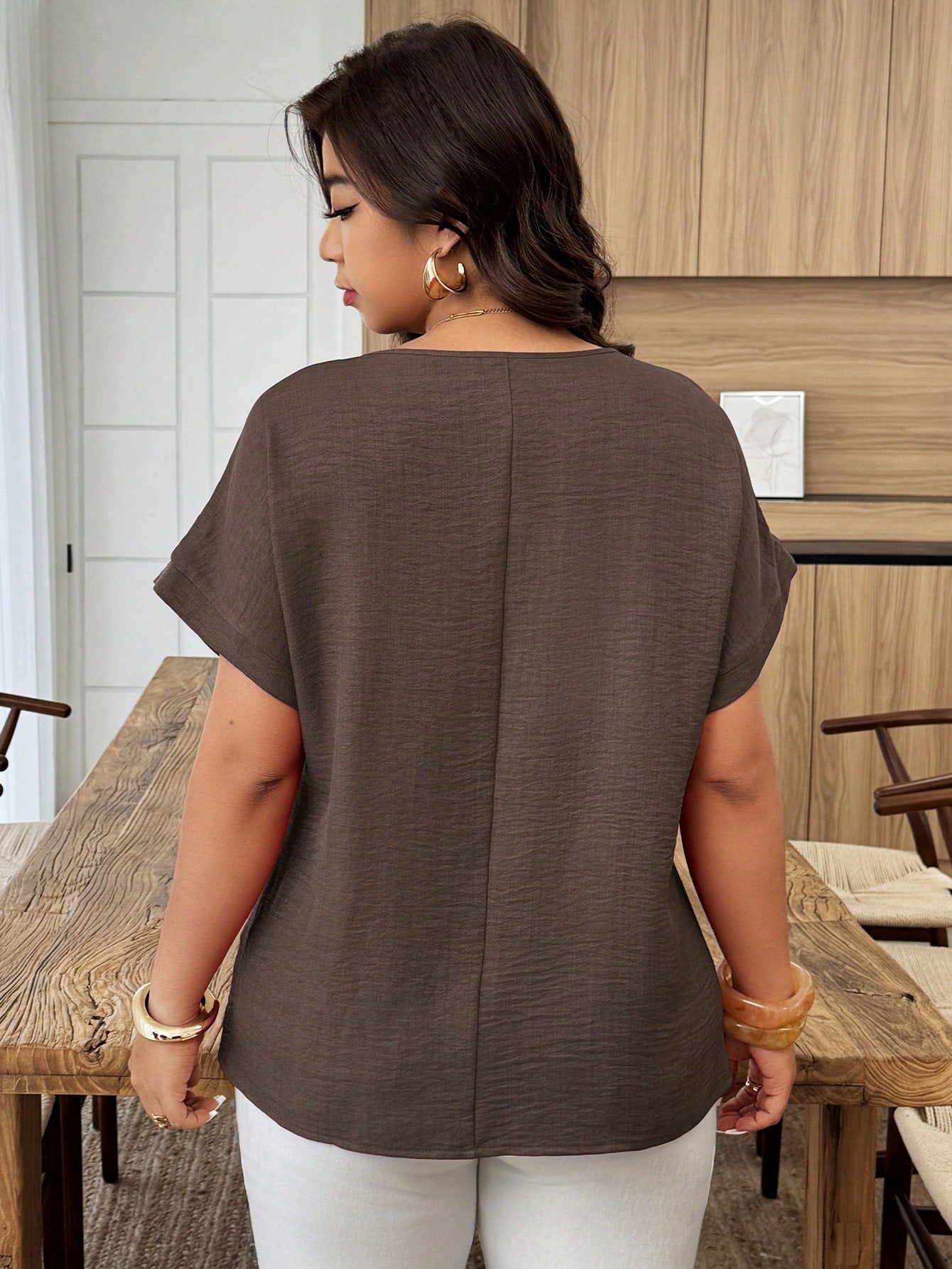Weeklong Plus Size Women's Casual Pleated Round Neck Loose Dolman Sleeve Blouse, Suitable For Daily Wear And Vacation Chic