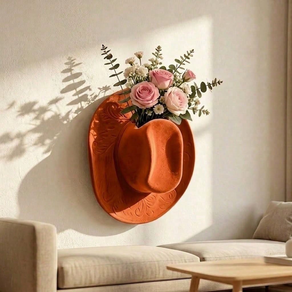 Western Cowboy Hat Wall Hanging Planter, Resin Wall Hanging Vase For Artificial Flowers, Country Farmhouse Decor, Suitable For Entryway Living Room Bohemian Southwestern Aesthetic Room Decoration