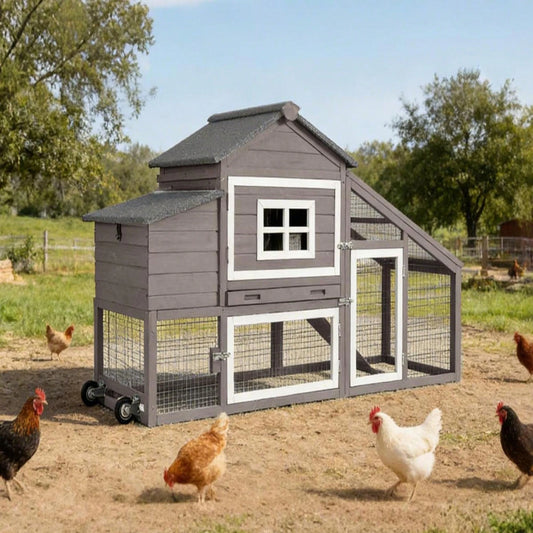 Wheels, Expandable Mobile Outdoor, Hen House Poultry Cage With Nesting Box, Leakproof Pull-Out Tray & UV-Resistant Roof – Brown