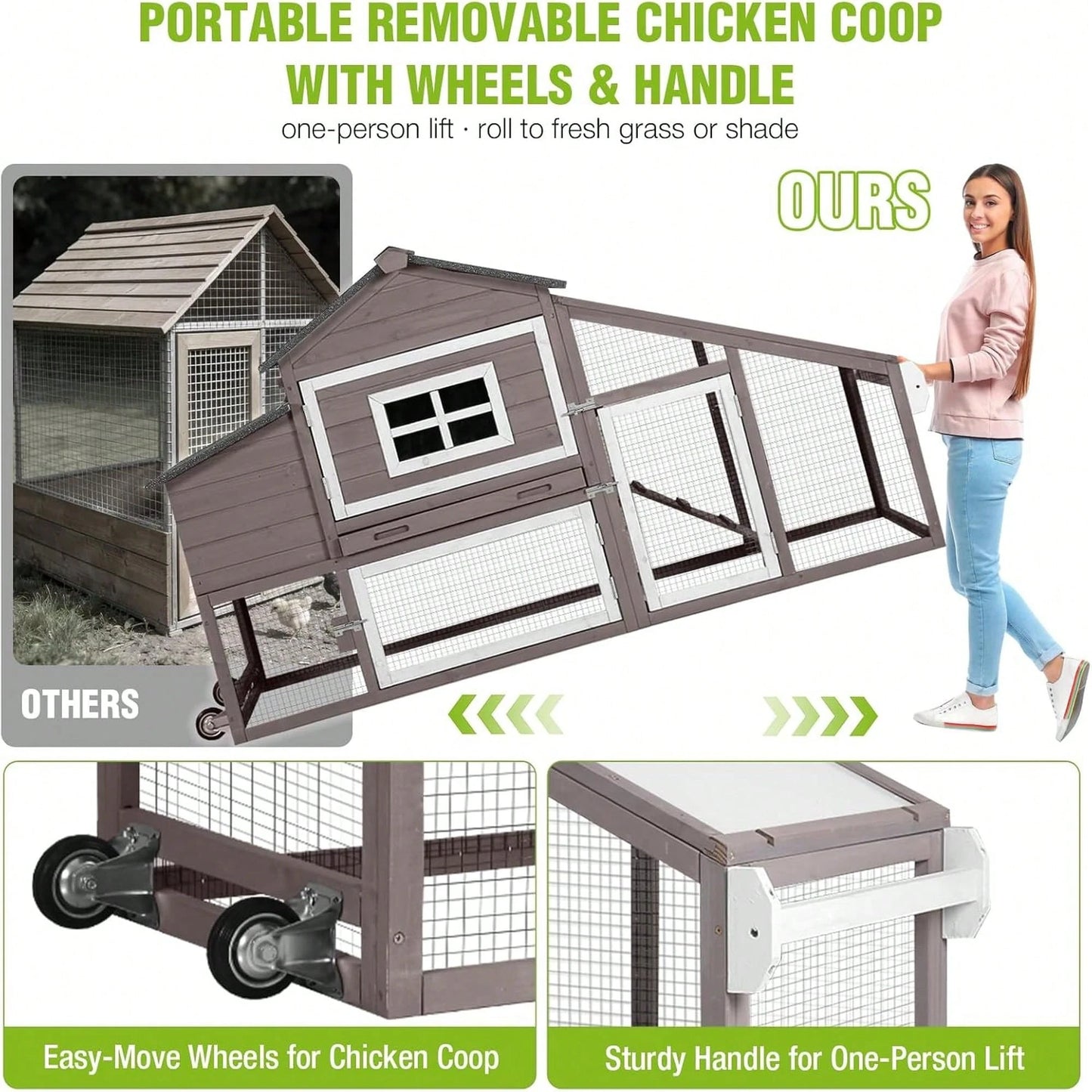 Wheels, Expandable Mobile Outdoor, Hen House Poultry Cage With Nesting Box, Leakproof Pull-Out Tray & UV-Resistant Roof – Brown