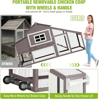 Wheels, Expandable Mobile Outdoor, Hen House Poultry Cage With Nesting Box, Leakproof Pull-Out Tray & UV-Resistant Roof – Brown