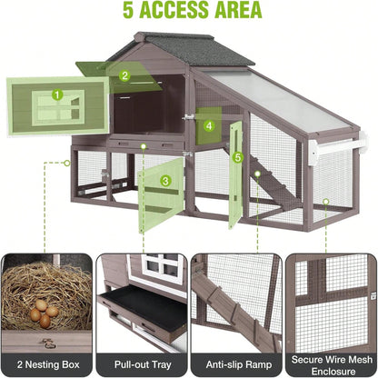 Wheels, Expandable Mobile Outdoor, Hen House Poultry Cage With Nesting Box, Leakproof Pull-Out Tray & UV-Resistant Roof – Brown
