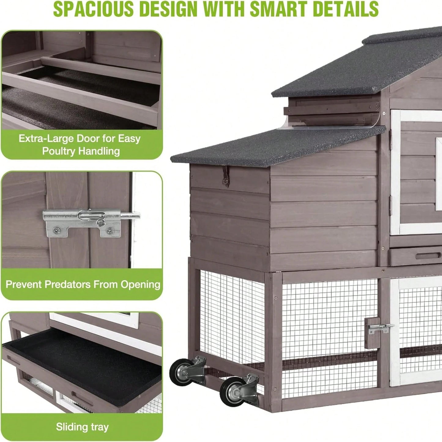 Wheels, Expandable Mobile Outdoor, Hen House Poultry Cage With Nesting Box, Leakproof Pull-Out Tray & UV-Resistant Roof – Brown