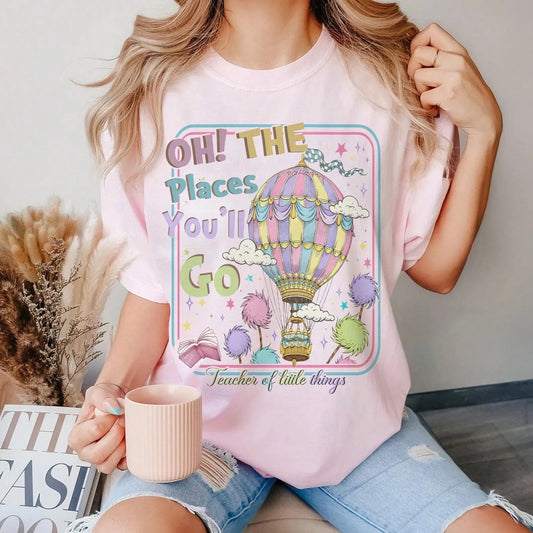 Whimsical Hot Air Balloon Tee Pastel Cartoon Pattern Print T-Shirt Back To School Kindergarten Teacher Appreciation Top