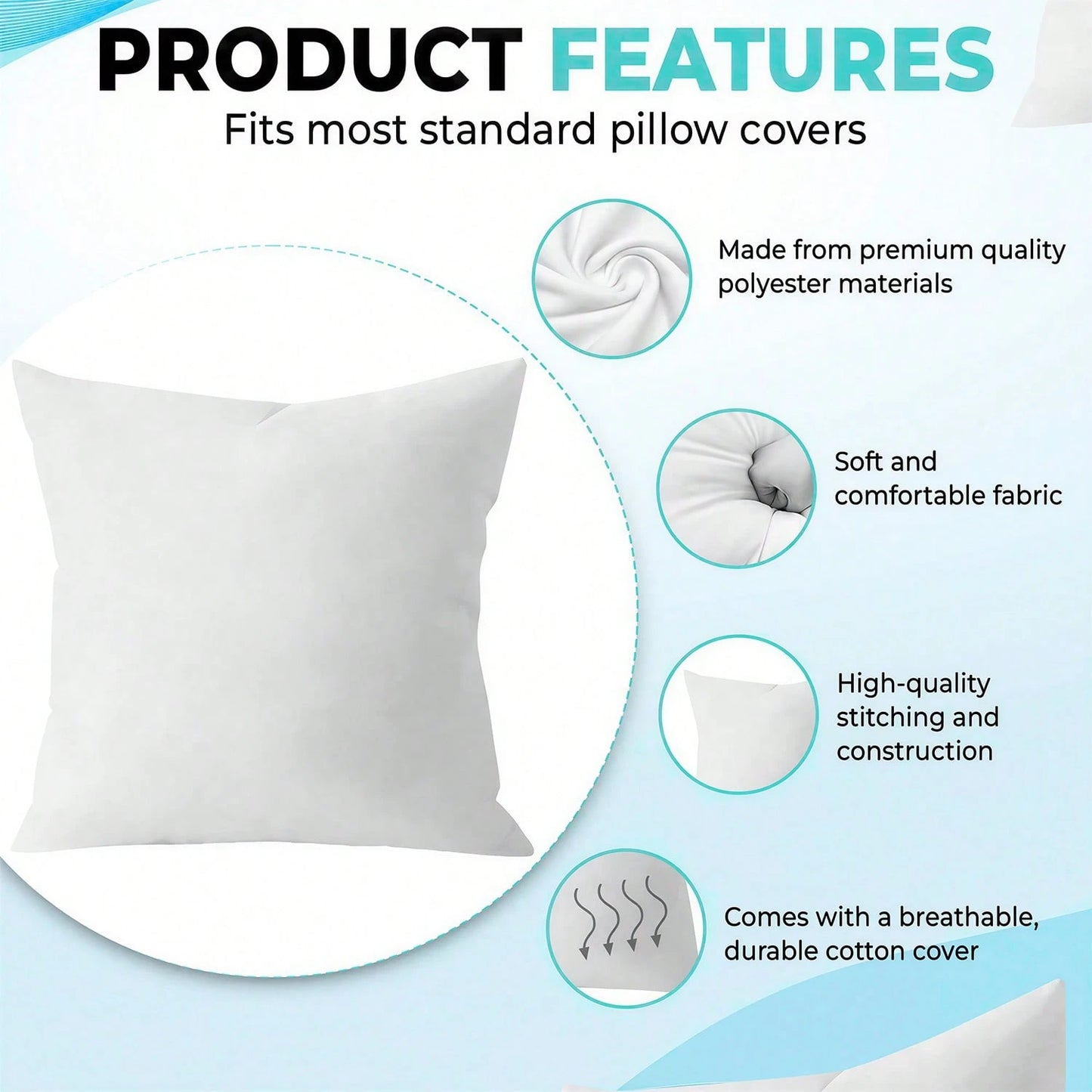 White Square Pillow Set Of 4-Sofa Pillow, Soft Fabric, Suitable For Bed Or Sofa Use-Bedding, Home Decoration, Dormitory Sleep Protection, Daily Use, Simple Appearance, Can Be Patted Or Dried At Low Te