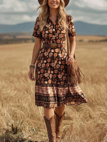 Wildy BOHO Summer Bohemian Vintage Printed Midi Dress, Casual American Western Country Style For Womencasual Outfit For Women