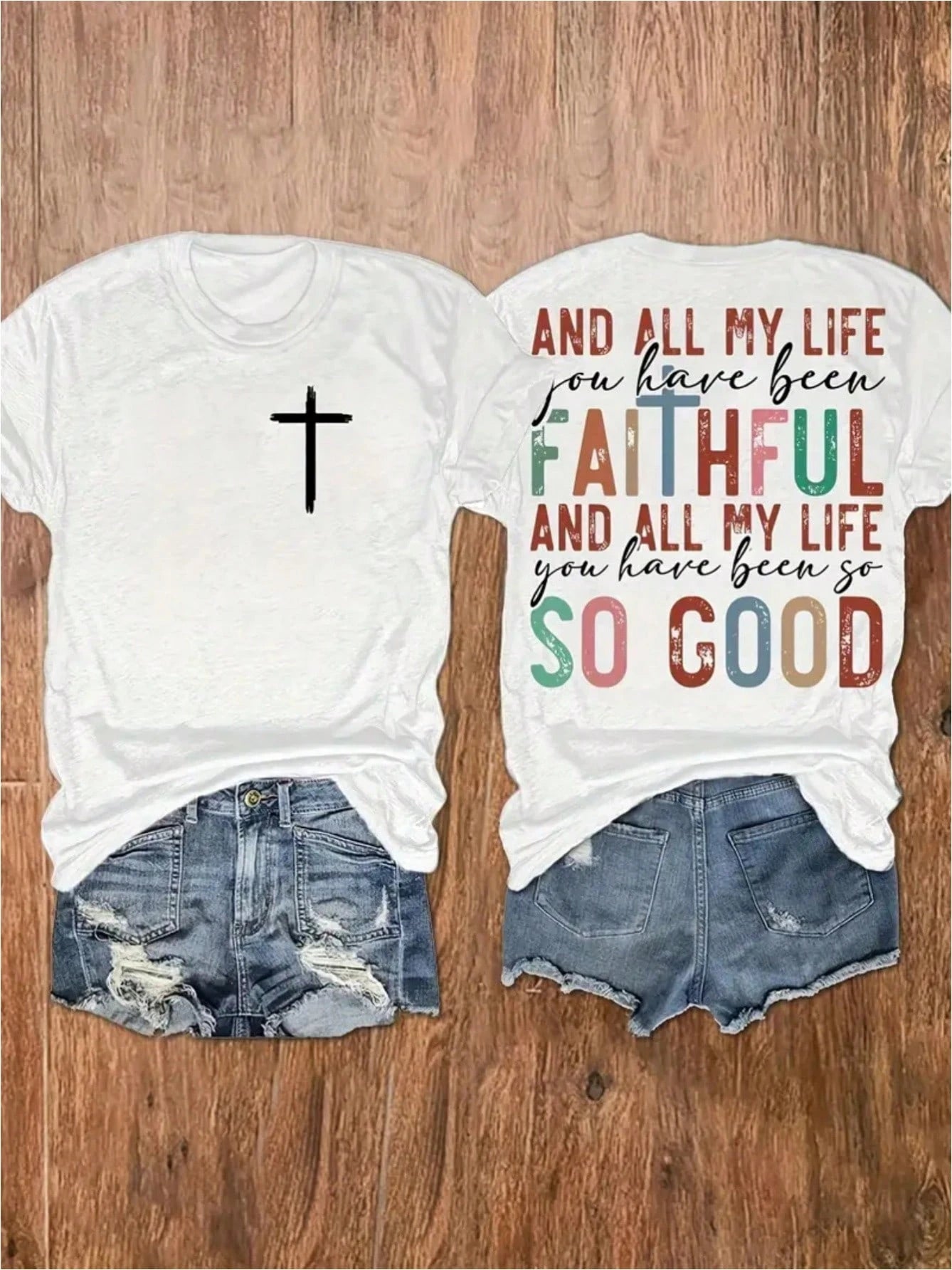 Women's 180g T-Shirt With Inspirational Christian Faith Message & Cross Design- Double-Sided Print Slim Fit Round Neck Short Sleeve Casual Summer Tee For Casual Attire