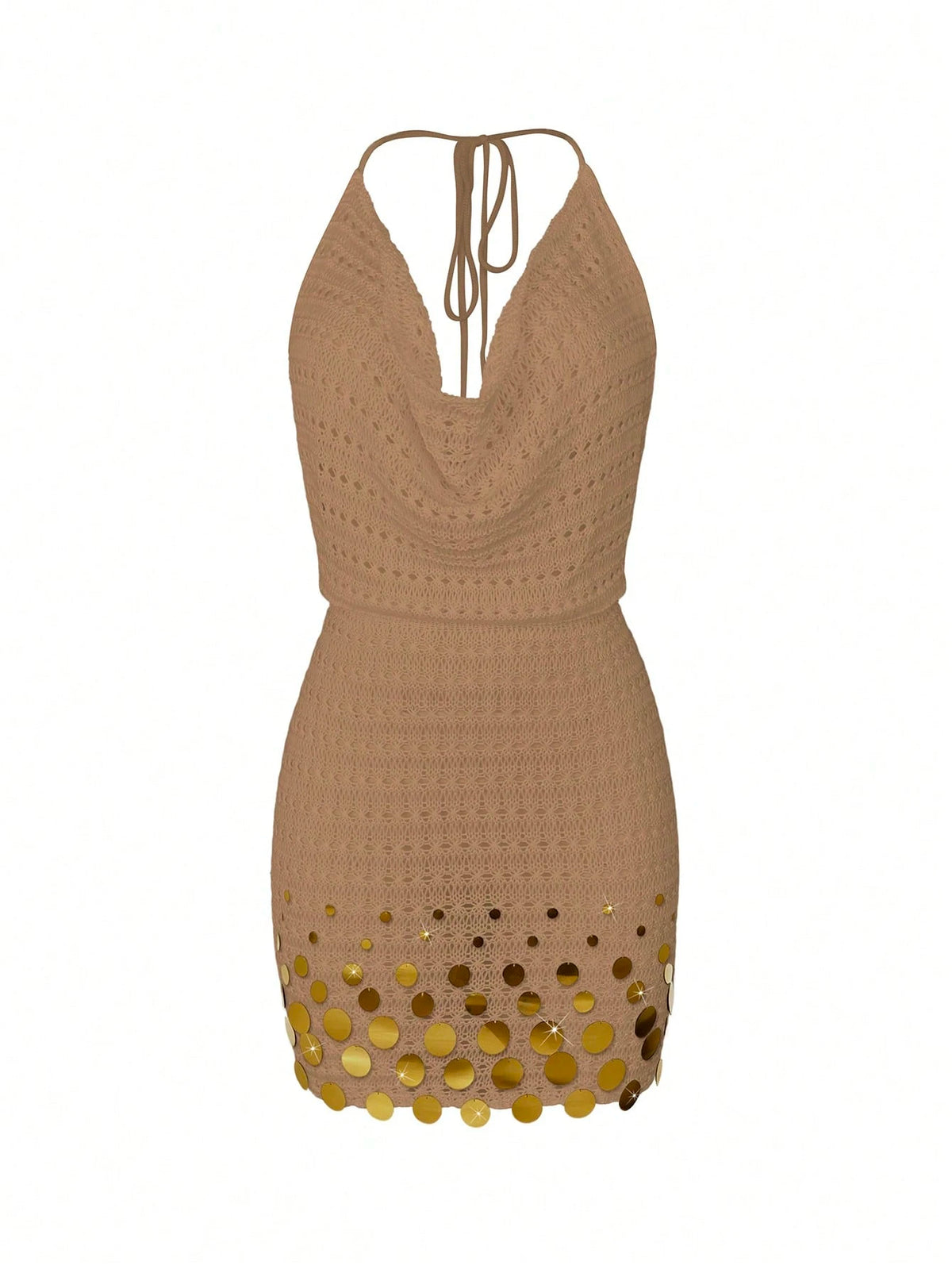 Women's 2026 New Summer Beach Solid Color Thin Sexy Hollow Out Sheer Knit Backless Sequin Design Halter Neck Short Cover-Up Dress Vacation