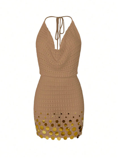 Women's 2026 New Summer Beach Solid Color Thin Sexy Hollow Out Sheer Knit Backless Sequin Design Halter Neck Short Cover-Up Dress Vacation