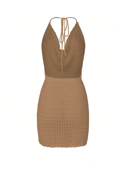 Women's 2026 New Summer Beach Solid Color Thin Sexy Hollow Out Sheer Knit Backless Sequin Design Halter Neck Short Cover-Up Dress Vacation