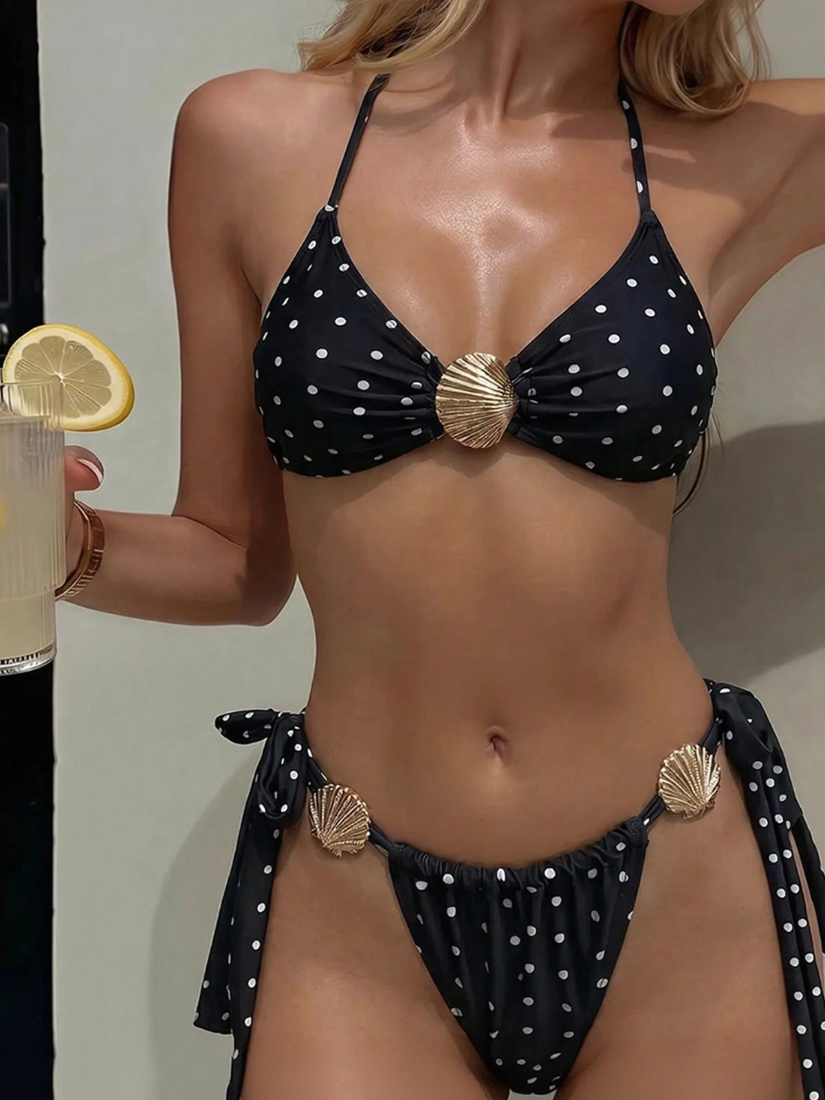 Women's 2pcs Polka Dot Halter Bikini Set, Sexy Beach Vacation Hot Spring Swimwear